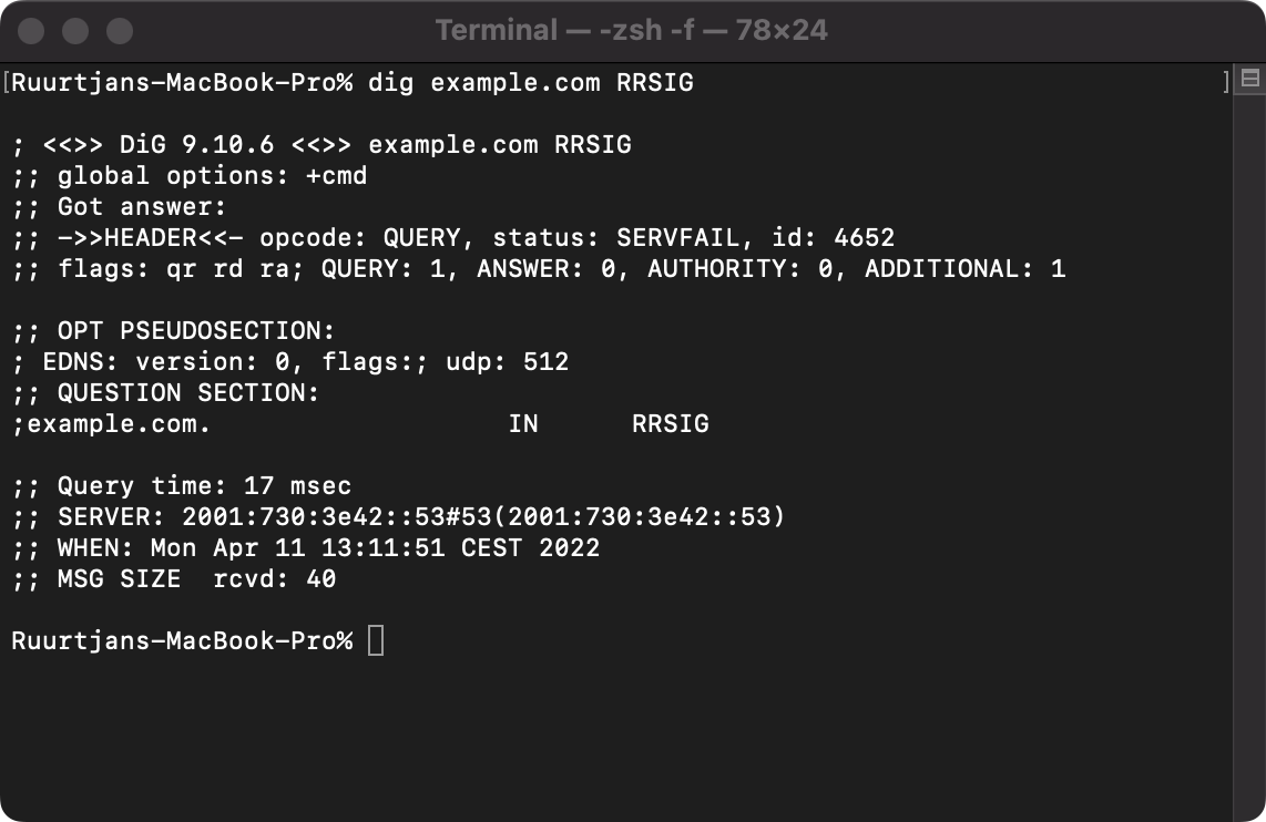 Example output of a RRSIG lookup query