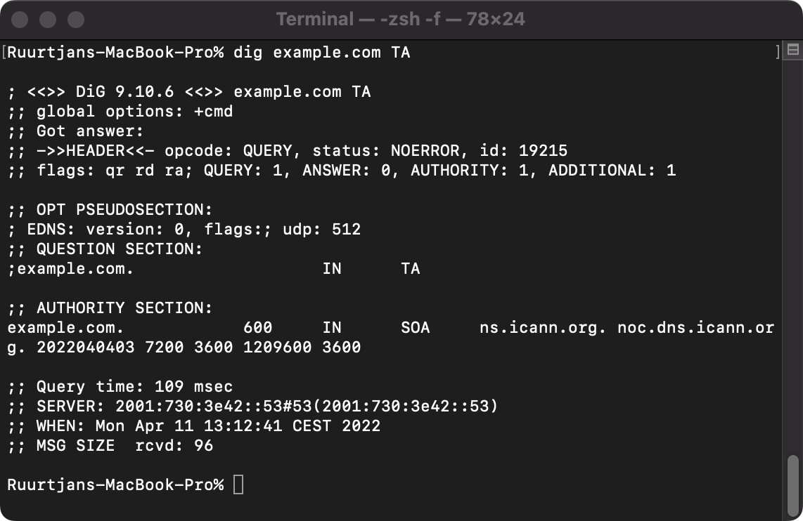 Example output of a TA lookup query